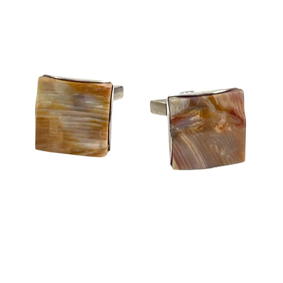 Vintage Silver-Tone & Brown Swirled Rectangular Cufflinks For Men - Picture 5 of 6